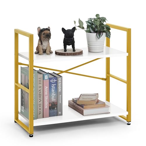 Image of CAPHAUS 2 Tier Small Bookshelf, 24 Inch Width Free Standing Shelf, Bookcase Shelf Storage Organizer, Industrial Book Shelves for Home Office, Living Room, White Wooden Shelves & Gold Frame