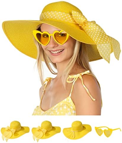 Funcredible Wide Brim Sun Hats for Women - Floppy Straw Hat with Heart Shape Glasses - Foldable Large Summer Hat - Big Roll Up Beach Cap - UPF 50+ (Yellow)