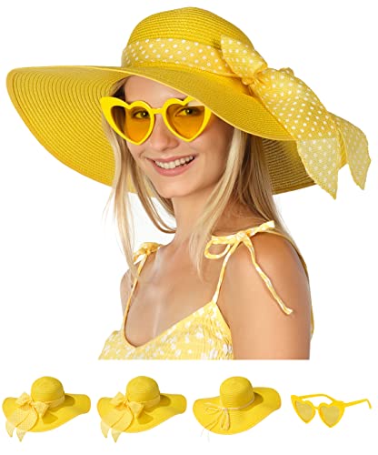 Funcredible Yellow Kentucky Derby Hats for Women - Wide Brim Straw Hat - Large Floppy Hat with Bow and Heart Shape Glasses for Women
