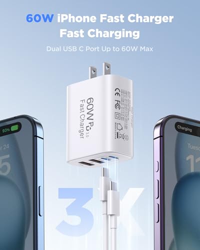 60W USB C Charger,2Pack 10FT iPhone 17 Pro Max Charger Fast Charging,4Port USB-A USBC Charger Block with 10ft USB C Cable Cord for Apple iPhone 17 Pro Max/17 Air/16 Pro Max/15 Plus/16/iPad,AirPods - image 2