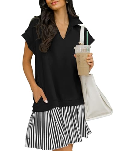 Image of Women's V Neck Short Sleeve Summer Dress Cap Sleeve Casual Loose Fit Pleated Striped Shirt Dress