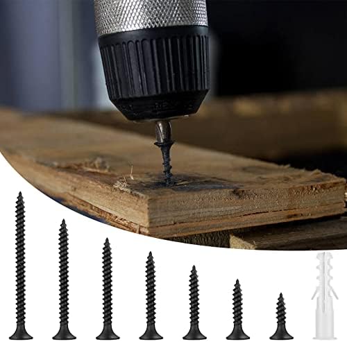 210 Pcs Self Tapping Wood Screws Assortment Set, M3.5 Black Cross Flat Round Head Drywall Plasterboard Screws, with Wall Plugs Anchors for Plasterboard, Drywall, Wood - 16/20/25/30/35/40/50 mm
