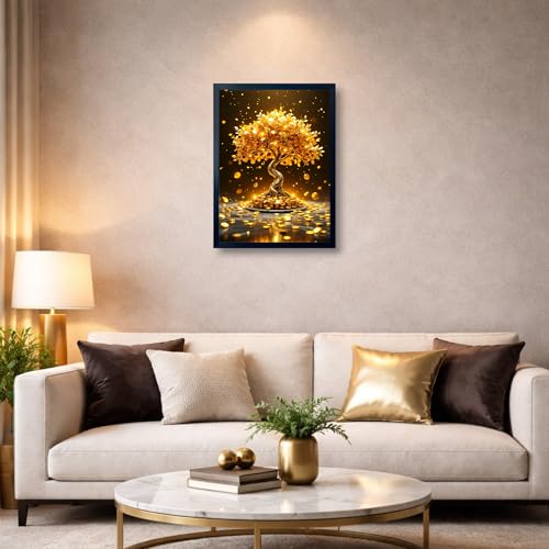 Image of ARTFUL TOY BOX - Golden Money Tree Photo Frame Wall Art for Home Decor | Wealth Growth & Prosperity Vastu Wall Decor for Living Room & Office | HD Glossy Print | Premium Fiber Black Frame - 12x18 Inch (30x45 cm) (Design 1)