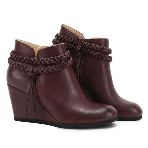 Image of Fashare Womens Wedge Ankle Boots Braided Fringe Strap Western Heeled Fall Booties Dress Shoes
