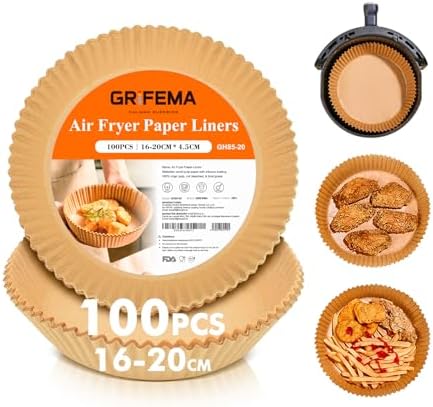 GRIFEMA Air Fryer Paper – 2.2 to 4.5 L – 100 Pieces, 16 – 20 cm – BPA Free – Anti-Grease – Food Grade Air Fryer Round Paper for Cecotec COSORI Air Fryer