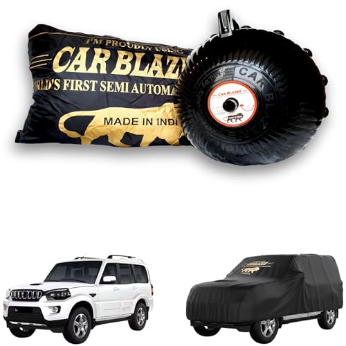 Image of CARBLAZER Portable & Semi-Automatic Full Body Car Covers: Heavy Duty Device| Anti-Theft| Dust & Scratch Proof | Water & Wind Resistant|Custom Fit| Dual-Side Cover, Compatible for Mahindra Scorpio