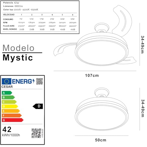 Plafonnier ventilateur rétractable blanc télécommandé avec éclairage LED 3 couleurs