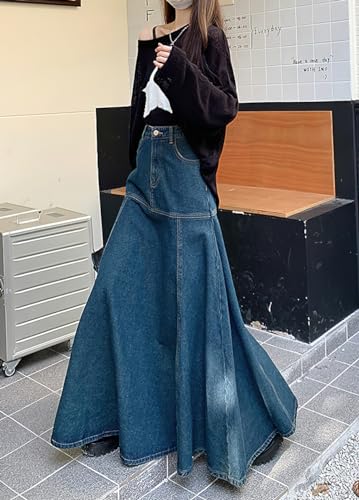 chouyatou Women's Summer Casual A-Line Flared High Waist Long Jean Skirt Pleated Fishtail Maxi Denim Skirt2