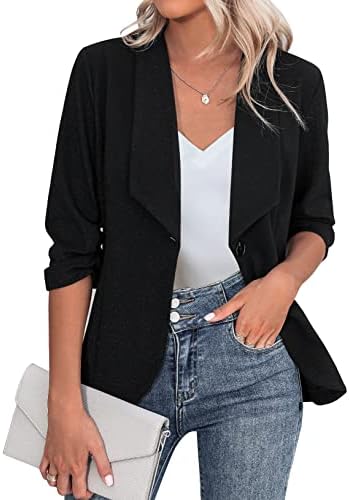 Beyove Women's 3/4 Stretchy Ruched Sleeve Open Front Lightweight Work Office Blazer Jacket Light Black XXL