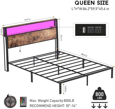 Queen Size Bed Frame with 2-Tier Storage Headboard with Charging Station and 12 Color LED Lights,2 Tier Solid Wood Headboard Storage,Noise Free, No Box Spring Needed/Remote Control/Vintage Brown