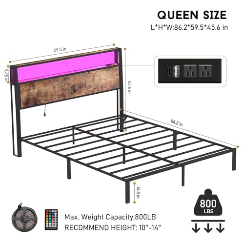 Queen Size Bed Frame with 2-Tier Storage Headboard with Charging Station and 12 Color LED Lights,2 Tier Solid Wood Headboard Storage,Noise Free, No Box Spring Needed/Remote Control/Vintage Brown