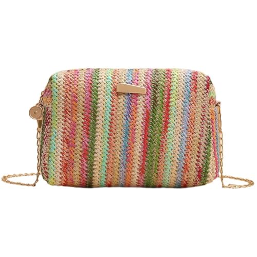 Rainbow Rattan Knitting Shoulder Bag Straw Crossbody Bag Summer Beach Chain Rainbow Handbag Flap Bag for Women