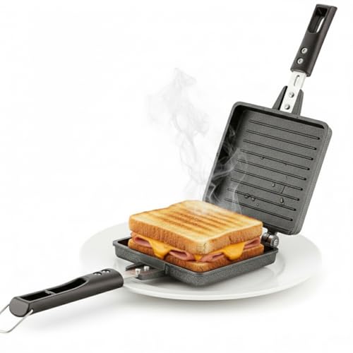 Image of Sandwich Maker for Gas Stove Non Stick | Jumbo Grill Sandwich Toaster | Crispy Toasted Bread Sandwich Maker | Heat Resistant Handle | Black (Jumbo Large Sandwich Toaster)
