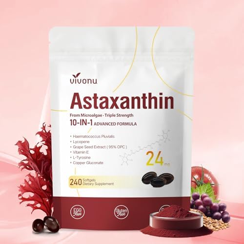 10 in 1 Astaxanthin Supplements 24mg, 4 Month Supply, Astaxantina Antioxidant from Fresh Haematococcus Pluvialis, Contains Lycopene, Grape Seed, Vitamin E, & More Supports Eye, Joints, Skin Health