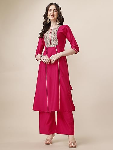Image of EthnicJunction Women's Cotton Silk Embroidered Kurta Palazzo and Dupatta Set | Wedding Dress | Ethnic |Outfit