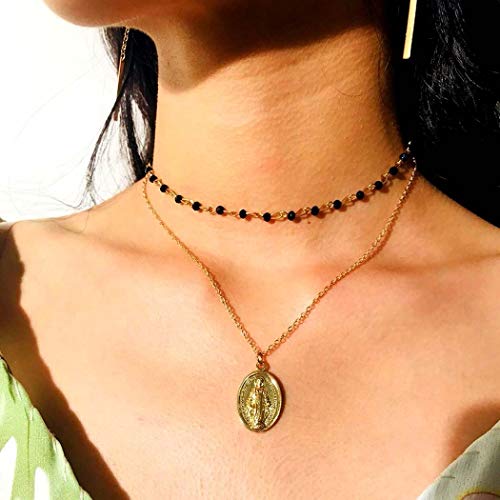 Zoestar Virgin Mary Pendant Necklace 2 Layer Beaded Choker Religious Jewelry Accessories for Women and Girls