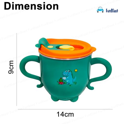 Image of FunBlast Milk Mug for Kids - Dinosaur Print S316 Stainless Steel Mug for Kids, Insulated Milk Cup with Lid & Straw, Water, Juice Drinking Mug, Glass, Cup for Kids - 200 ML (Green)