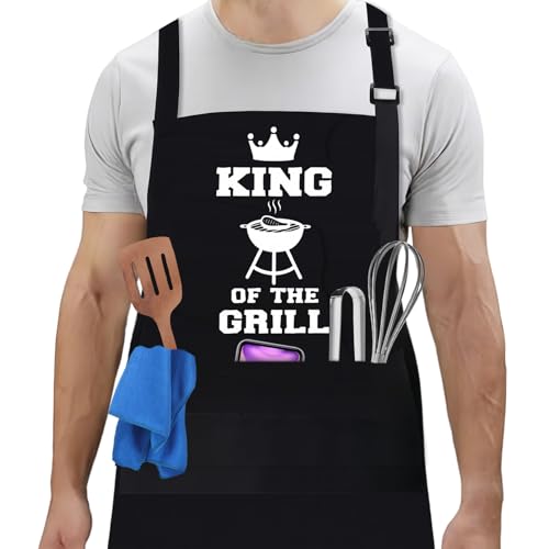 Flintronic Delantales de Barbacoa para Hombre, Delantales de Cocina con Correa para el Cuello Ajustable, Impermeable Chef Delantal con 3 Bolsillos, Delantal de Trabajo Práctico para Cocina, Jardinero