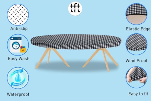Image of The Furnishing Tree Elastic Oval Dining Table Cover WxL 35x63 in Inches Polyester Checkered Pattern White