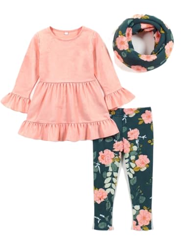 Image of Unique Baby Girls Kids Toddler 3pc Outfit Set Long Sleeve Cotton Blend Tunic Top Leggings and Scarf