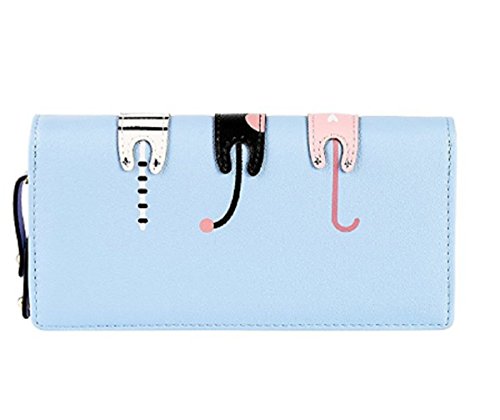 Women's Wallet Cute Cat Wallet Coin Purse Bifold Long Purse with Zipper Sky Blue2