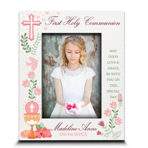BELLA BUSTA-Personalize My First Holy Communion Theme Picture frame-Cross and Chalice Religion Christian Traditions Occasion-UV Print (5x7 Vertical (Girl))
