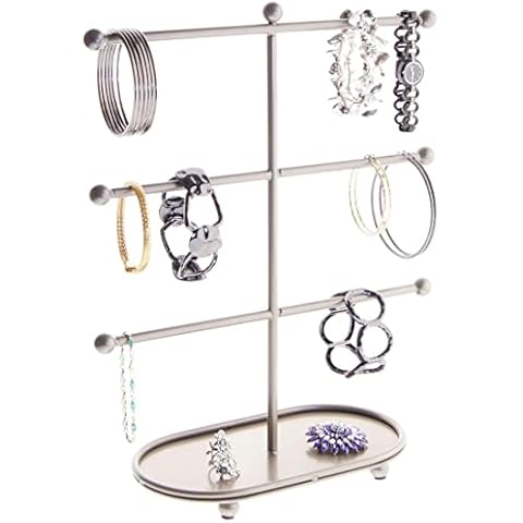 Angelynn's Freestanding Bracelet Holder Organizer Rack Display Stand, Jewelry Tree for Bangles and Hoop Earrings, Amy Satin Nickel Silver Cover