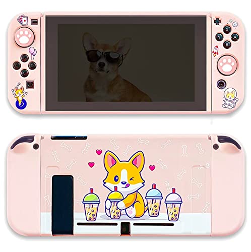 BelugaDesign Corgi Boba Switch Bundle | Cute Kawaii Dog Bubble Tea Pastel Pet Case | Cover Shell with Thumb Grips Compatible with Nintendo Switch (Switch Standard, Pink)