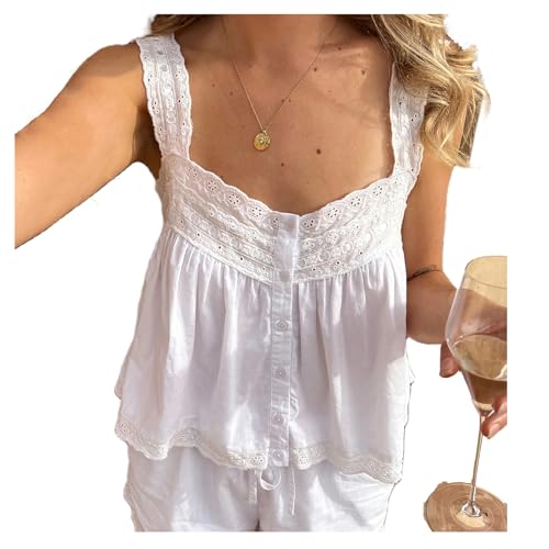 Women Y2K Lace Trim Tank Top Sleeveless Solid Color Tie Up Button Front Crop Top Summer Streetwear Going Out Shirt