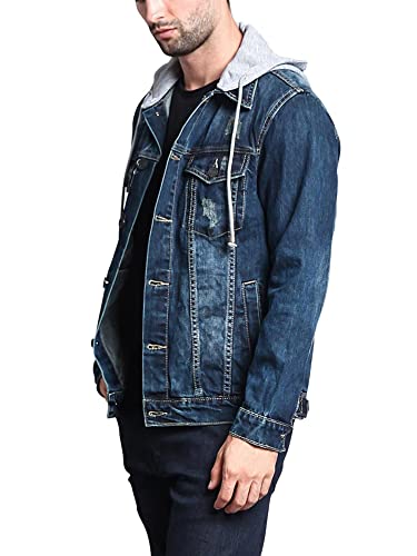 Hoodie Layered Distressed Denim Jacket with Removable Hood DK109 - Dark Indigo - 4X-Large3