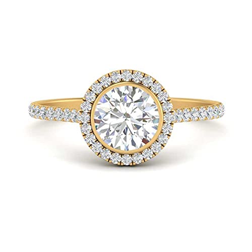 Image of 55Carat Choose Your Gemstone Bezel Round Halo Pave Diamond CZ Ring Yellow Gold Plated Round Shape Halo Engagement Rings Everyday Jewelry Wedding Jewelry Handmade Gifts for Wife US Size 4 to 12