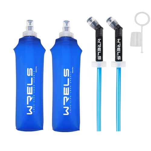 ソフトフラスク ハイドレーション ランニング ボトル 水筒 150ml/250ml/500ml 折りたたみ 防塵キャップ付き 軽量 トララン マラソン ハイキング 登山(青,500ml*2+ストロー*2)（Amazon）