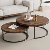 Round Nesting Coffee Table Set of 2, Modern Minimalist Accent Tables for Living Room, Bedroom, Office, Stackable Side Tables (Walnut)