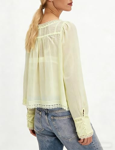 Image of Women Summer Sheer Tie Front Top Y2k Peplum Chiffon Blouse Eyelet Long Sleeve Flowy Lace Beach Cover Up Boho Tops