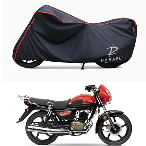 Image of Waterproof Bike Body Cover Compatible for | TVS Radeon Dual Disc | Taffeta Fabric, Red Piping Design, Bottom Elastic Fit | Dustproof, Sun UV & Rain Protection for All Bikes