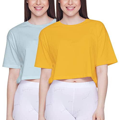 LiKing Camisetas Deporte Mujer Manga Corta Crop Top Short Oversized tee Shirt Pack de 2 Amarillo Verde 6111 YG L Cover
