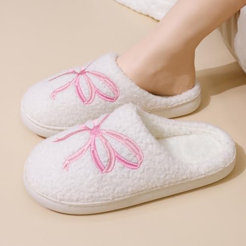 Cute Embroidered Bow Slippers Women Winter Warm Indoor House Shoes Ribbon Towel Embroidery Cozy Plush Memory Foam Multiple Bow Styles3