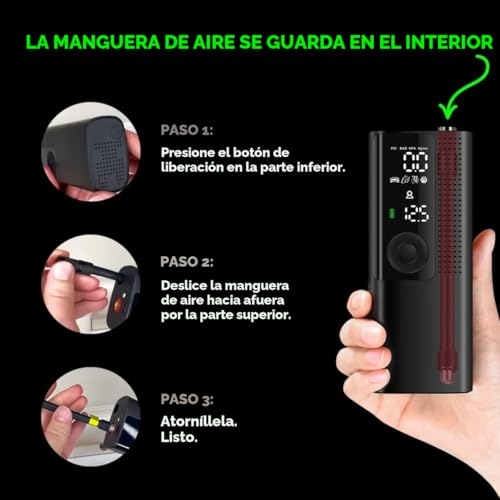 Inflador de neumáticos Airmoto Compresor de aire portátil - Bomba de aire para neumáticos de coche con medidor de presión digital, luz LED y función de apagado automático - Bomba inalámbrica para
