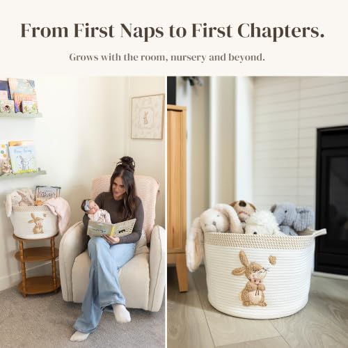 Image of Bunny Baby Storage Basket, Woven Cotton Rope Nursery Bin, 15x11 in | Stuffed Animal and Blanket Storage, Embroidered Bunny Patch, Neutral Nursery Decor, Baby Shower, Playroom Organizer