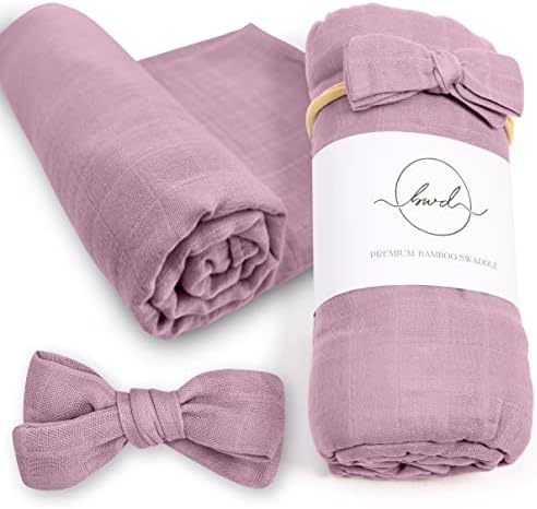 Baby Want Designs Baby Swaddle Blanket & Bow; Premium Bamboo Cotton Newborn Swaddle Set; Ultra-Soft & Eco-Friendly, Large 47 in, Machine Washable, Swaddles for Newborns- Mauve