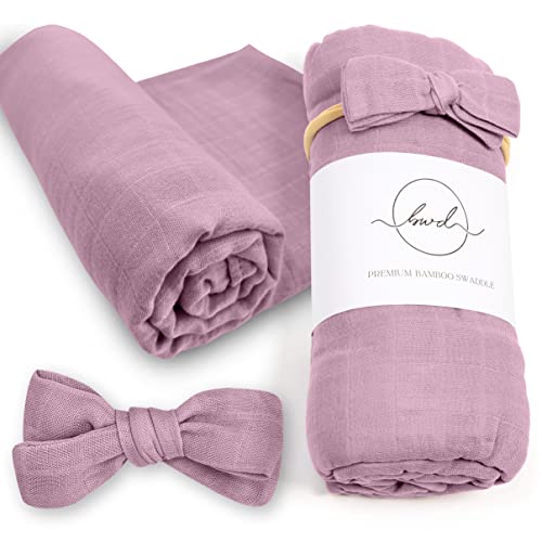 Image of Baby Want Designs Neutral Swaddles for Newborns & Bow — 47x47 Inches 70% Viscose Derived from Bamboo & 30% Organic Cotton Swaddle Blankets — Premium Newborn Swaddle Set Girls (Mauve)