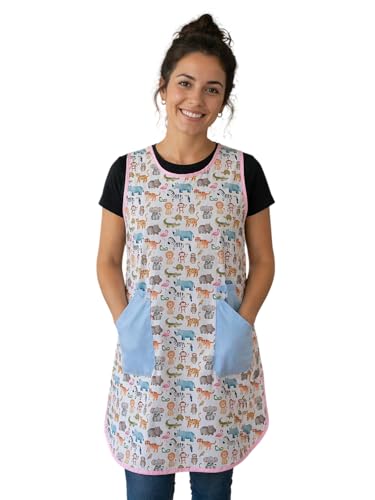 Galba® Bata Cruzada Maestra Estampado Zoo | Delantal Cruzado Mujer Algodón Lavable | Bolsillos Grandes | Talla L/XL | + Regalo Incluido