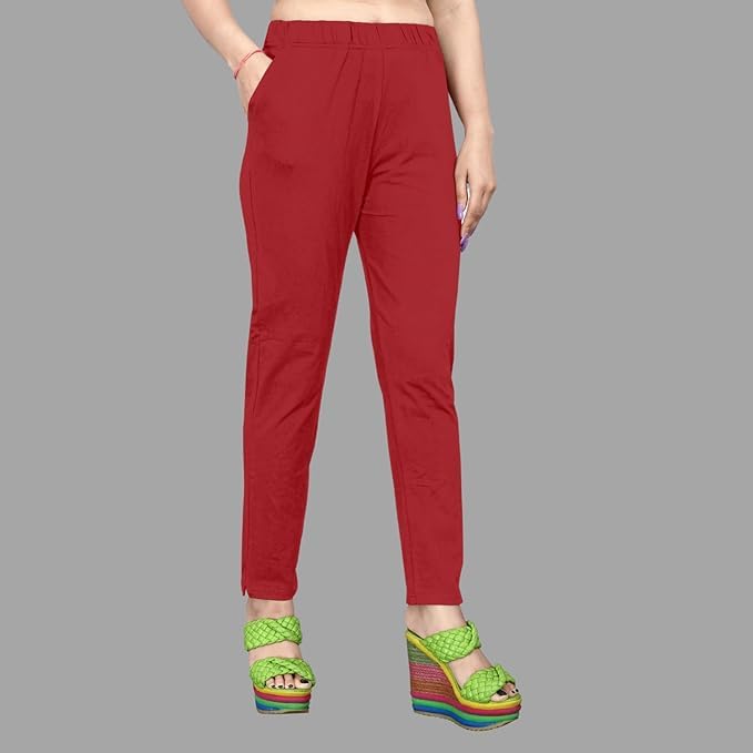 Image of Women's Solid Cotton Lycra Pants-High Waist Slim Fit Stretchable Leggings - Comfortable Long Trousers for Casual, Office & Everyday Wear