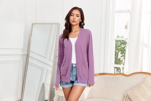 Image of Women's Lightweight Button Down Cardigan Sweaters Long Sleeve Classic V Neck Knit Soft Shrugs with Pocket