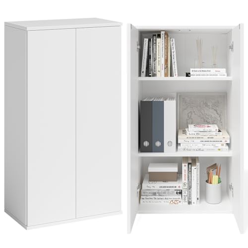 Bellamio Ais Mehrzweckschrank 60 cm breit – schmaler Aktenschrank – Haushaltsschrank mit 3 Fächern in weiß – Allzweckschrank 110 × 60 × 33 cm – Hängeschrank mit Push-to-Open Türen – Schuhschrank