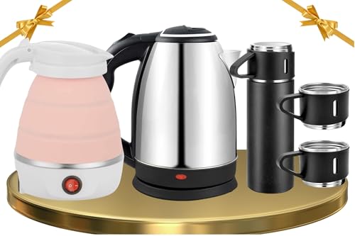Image of 1500W 1.8L Electric Kettle with Stainless Steel Body, and Automatic Shut-Off | 600ml Travel Foldable Electric Kettle, Collapsible Silicone Design | Vacuum Flask Set, Includes 2 Cups