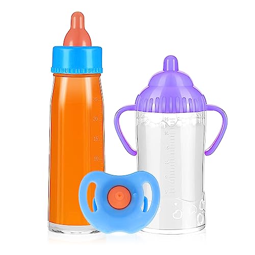 SCOM Magic Juice and Milk Nursing Bottle with Pacifier for Baby Doll Accessories, 3 Piece Pretend Play Feeding Toy Set for Age 4+ (Bule)