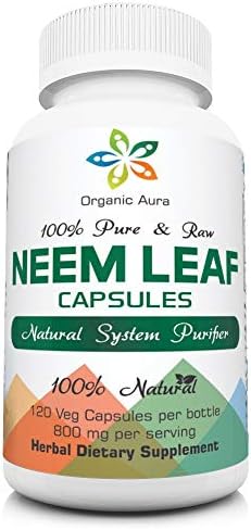 Organic Aura Premium Neem Capsules. 100% Pure and Original. Green Whole Superfood. Made with USDA Certified Organic Neem. Natures Miracle Detoxifying Agent. No GMO. Gluten Free.