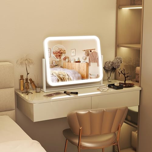 Image of FENNIO Vanity Mirror with Lights 17''x13'' Makeup Mirror with Lights,Vanity Mirror Touch Screen with 3-Color Lighting,Dimmable,for Vanity Desk Tabletop White