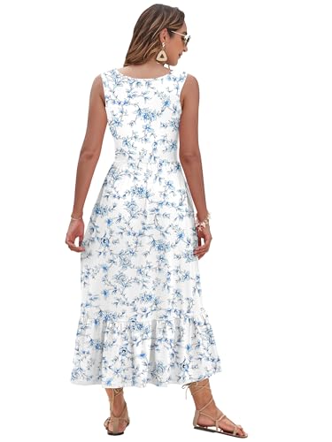 Image of AUSELILY Womens Summer Maxi Dress Casual Sleeveless V Neck Floral Dresses | A line shape with practical side pockets, Vacation dress for resort walks, Pair with low heels and simple jewelry